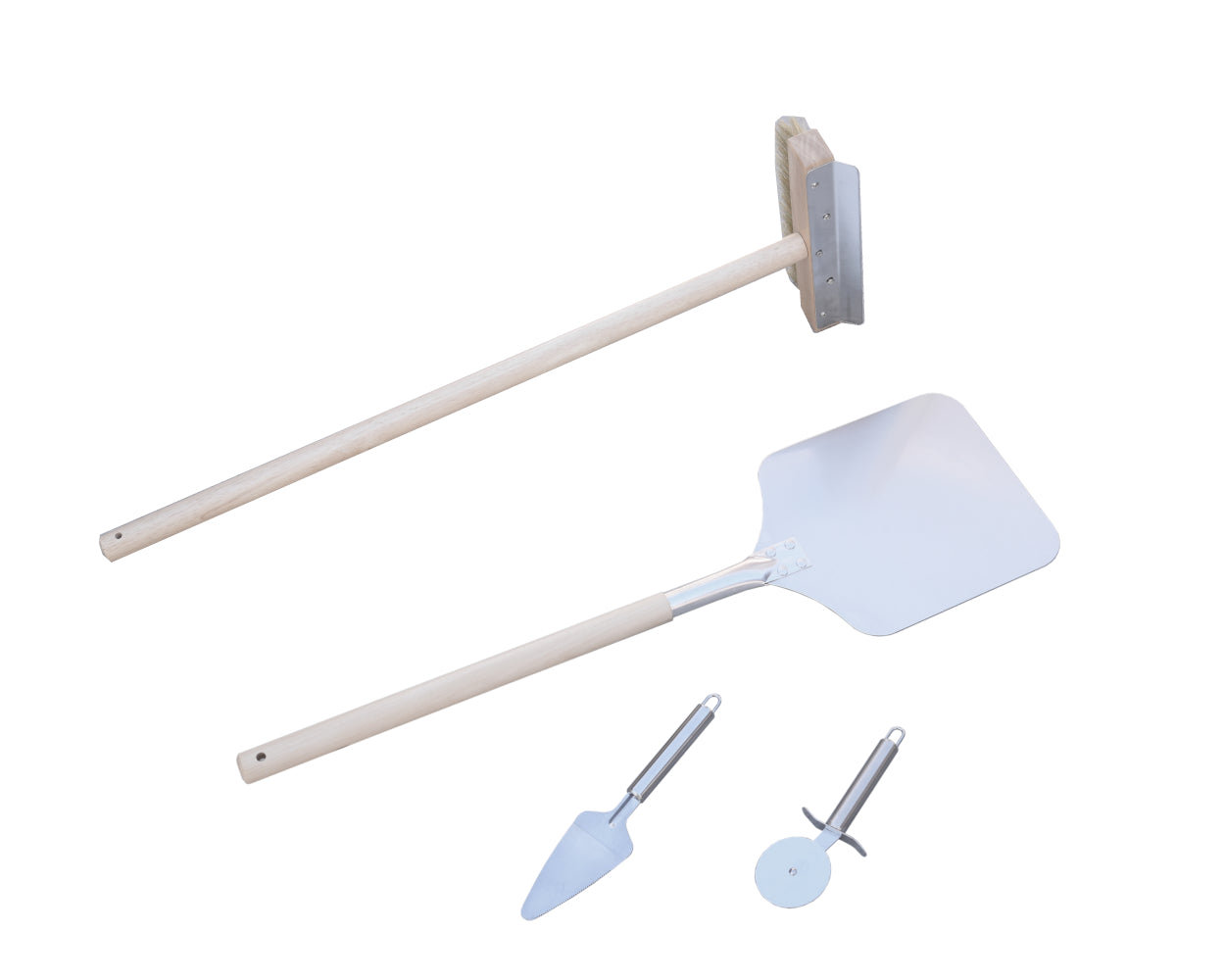 Set of kitchen utensils including a spatula, scraper, and small tool on a white background