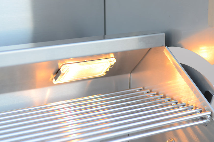 Stainless steel grill with glowing interior and metal grate