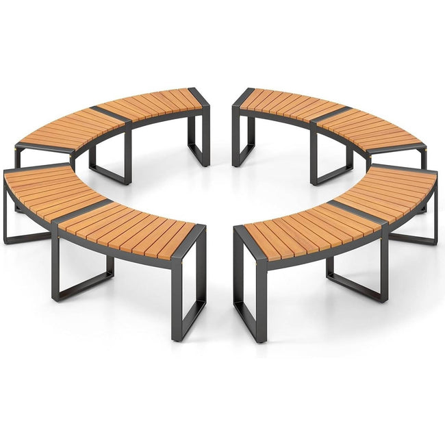 Set of 4 - Round Outdoor Metal Wood Backless Bench - Around Table Tree Fire Pit-0