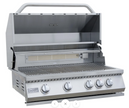 Stainless steel grill with four control knobs on a white background