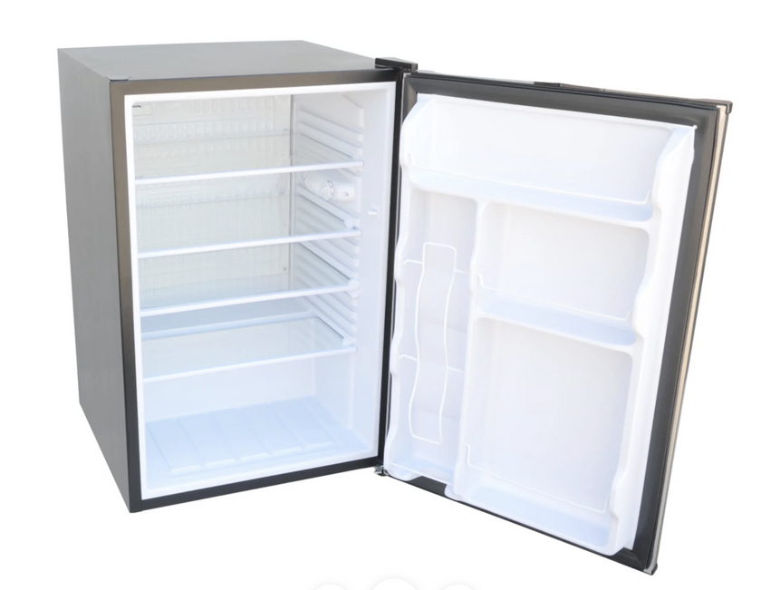 Small refrigerator with open door on a white background