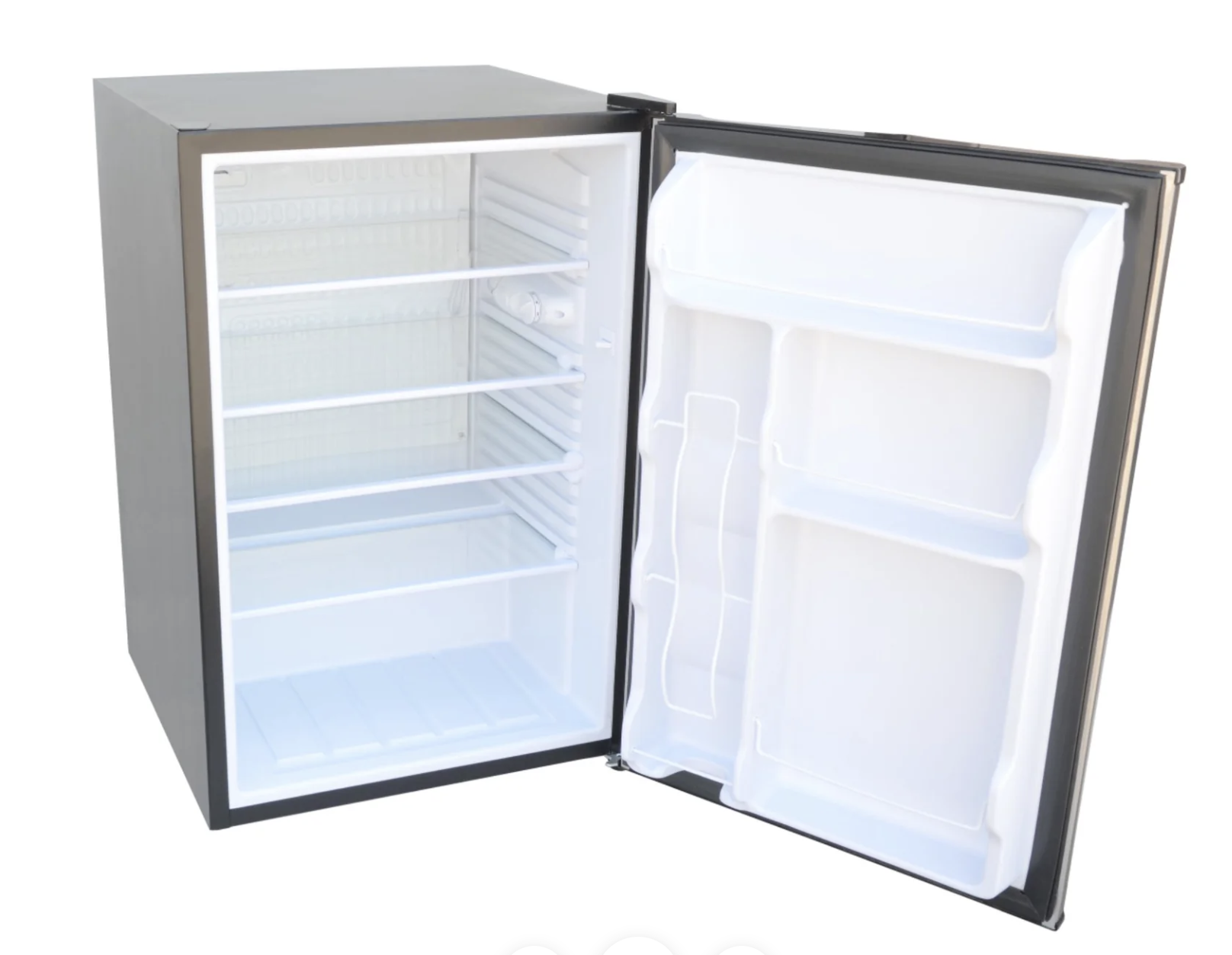 Small refrigerator with open door on a white background