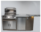 Stainless steel outdoor kitchen with grill and refrigerator on a light gray background
