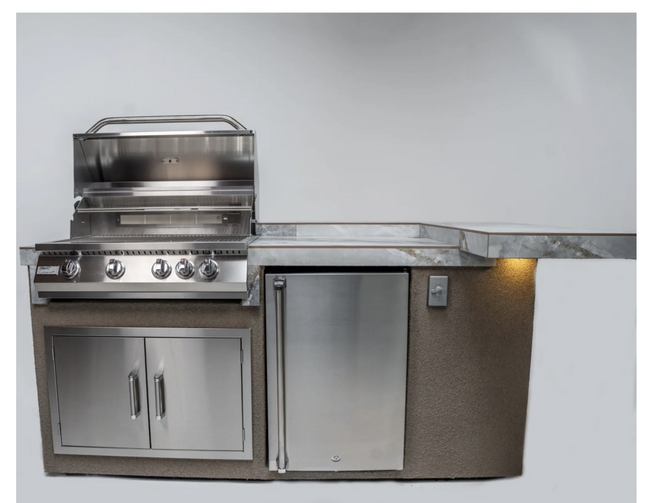 Stainless steel outdoor kitchen with grill and refrigerator on a light gray background