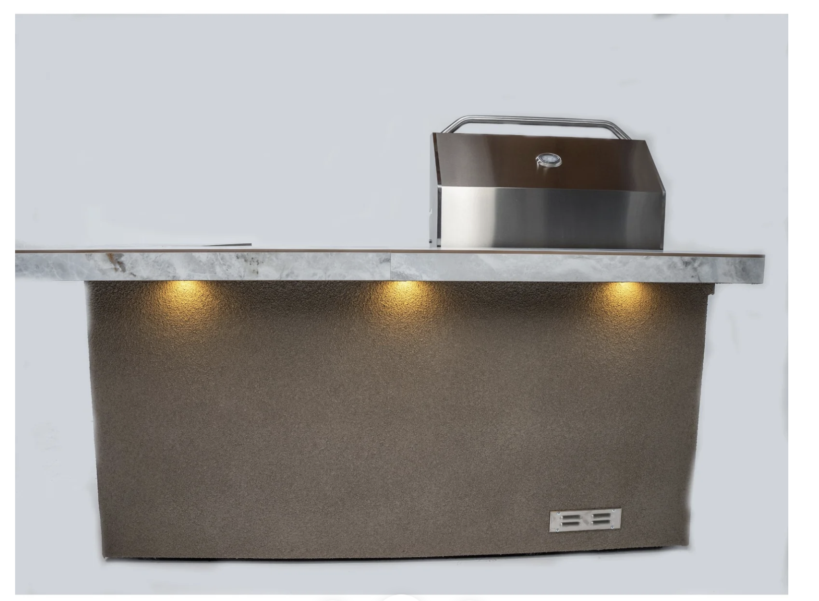 Modern kitchen hood with marble countertop on a white background