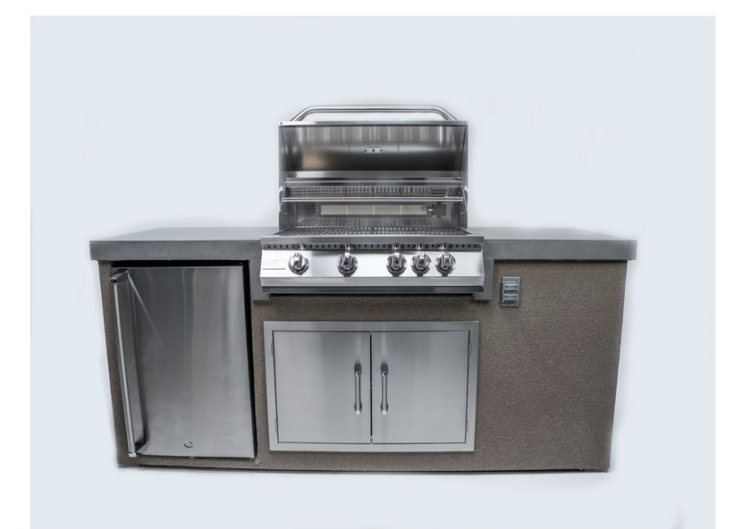 Outdoor kitchen grill and cabinets on a light blue background