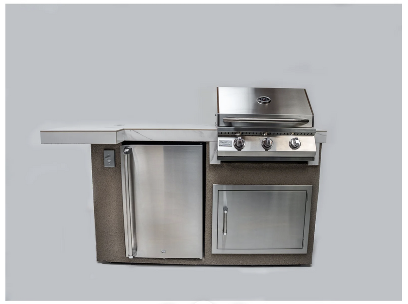 Stainless steel outdoor kitchen grill and refrigerator unit on a gray background