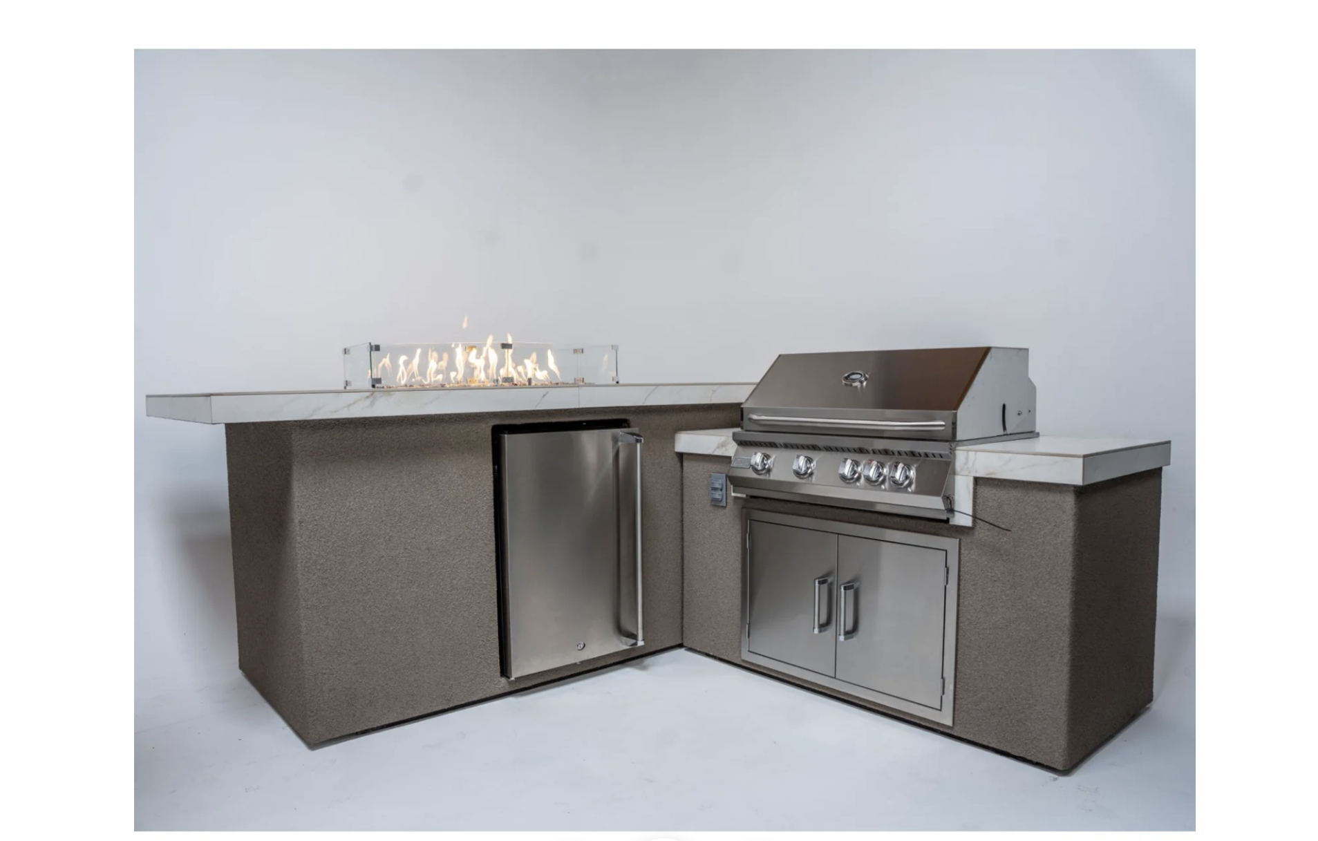 Outdoor kitchen with grill and refrigerator on a white background