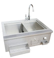Stainless steel kitchen sink with faucet on a white background