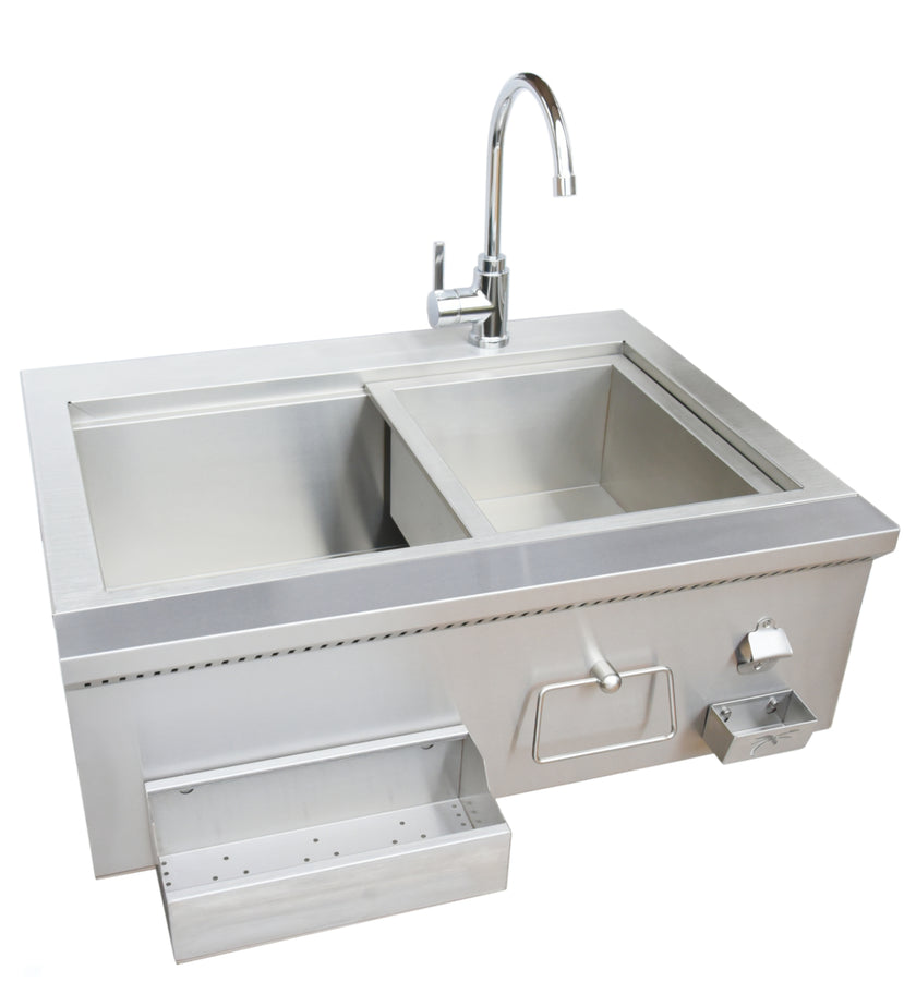 Stainless steel kitchen sink with faucet on a white background