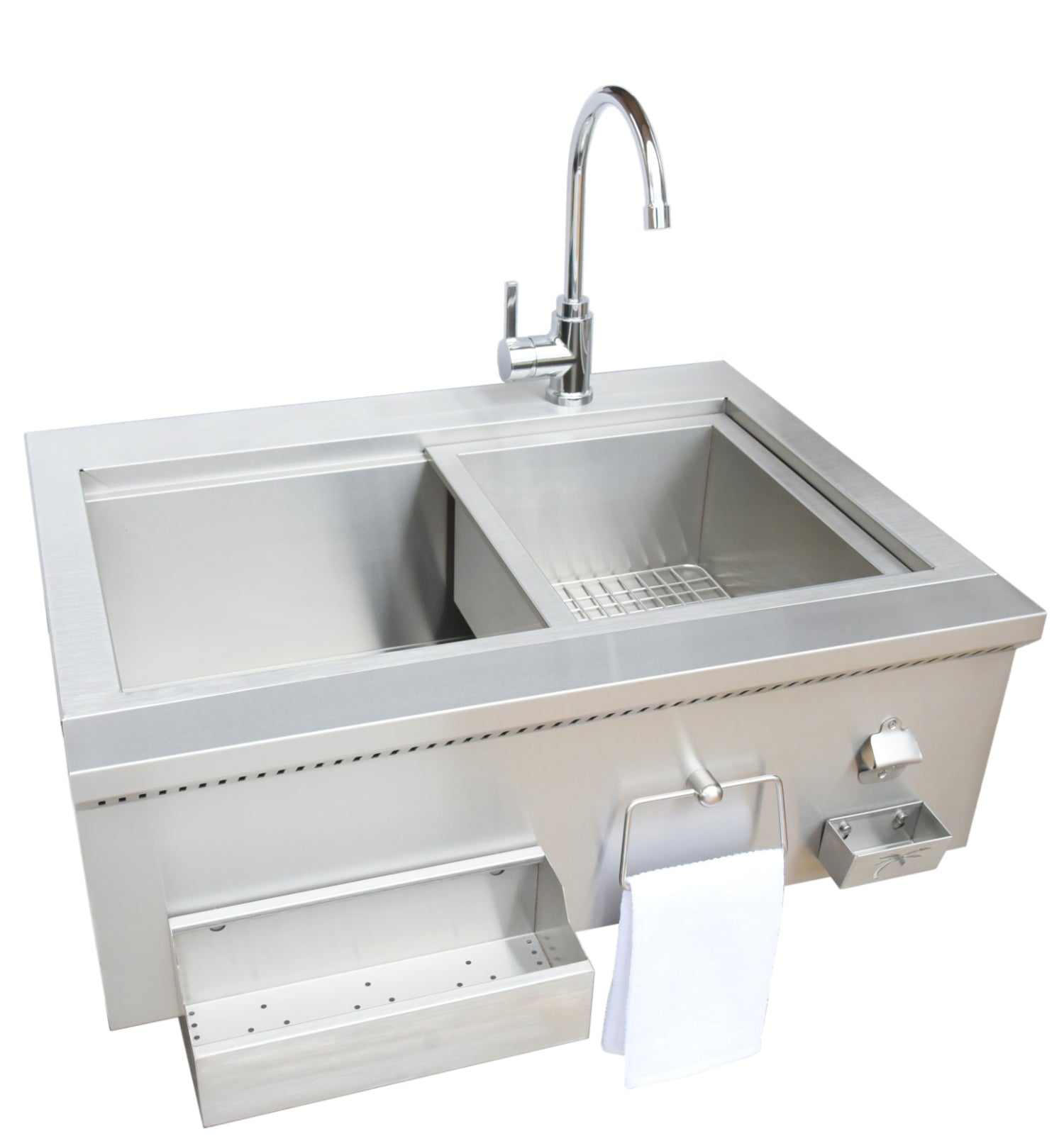 Stainless steel kitchen sink with faucet on a white background