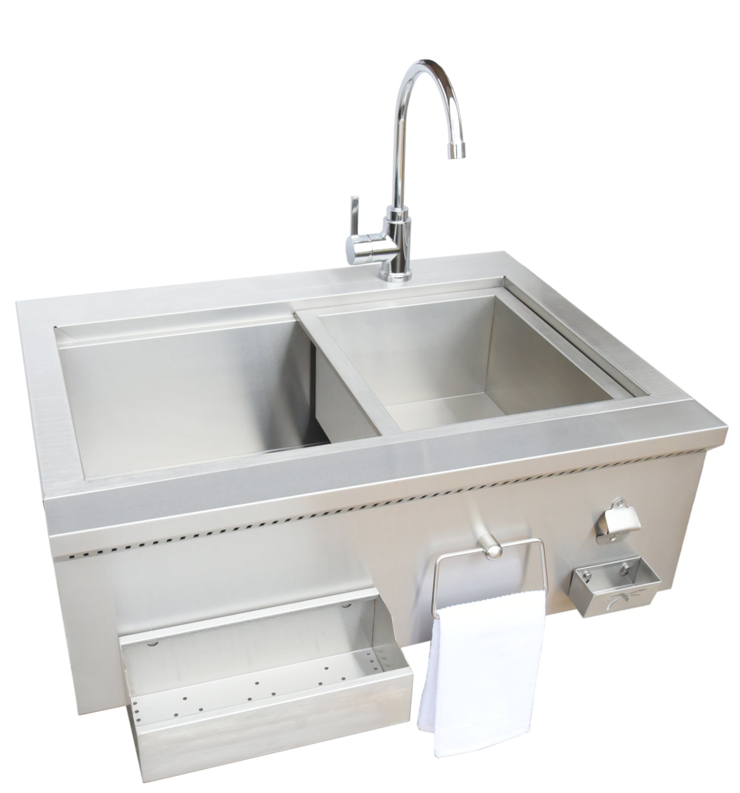 Stainless steel kitchen sink with faucet on a white background