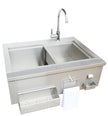 Stainless steel kitchen sink with faucet on a white background
