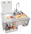 Portable outdoor kitchen with sink, cutting board, and alcohol bottles on a white background
