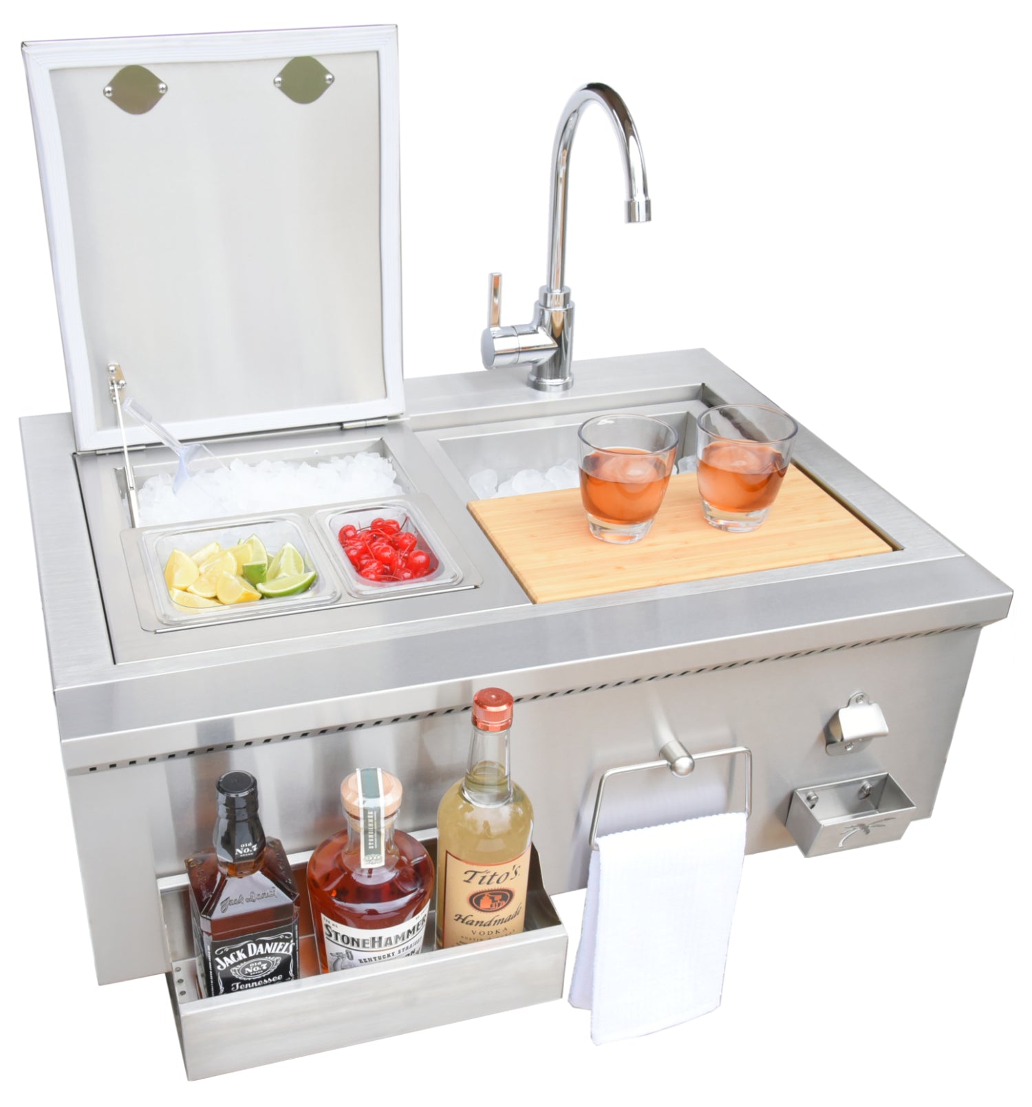 Portable outdoor kitchen with sink, cutting board, and drinks on a white background