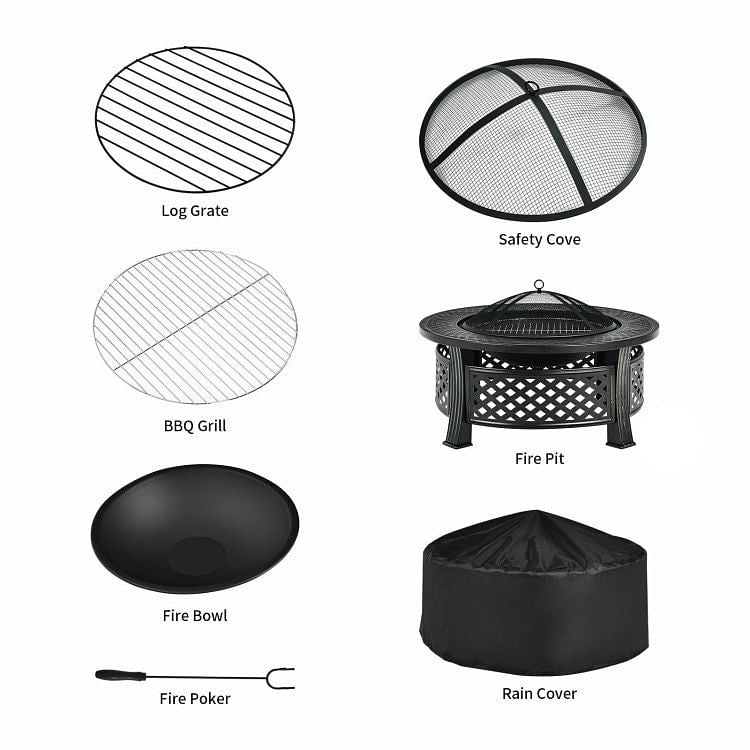 Rustic Steel Outdoor Fire Pit with BBQ Grill with Poker and Mesh Cover-1