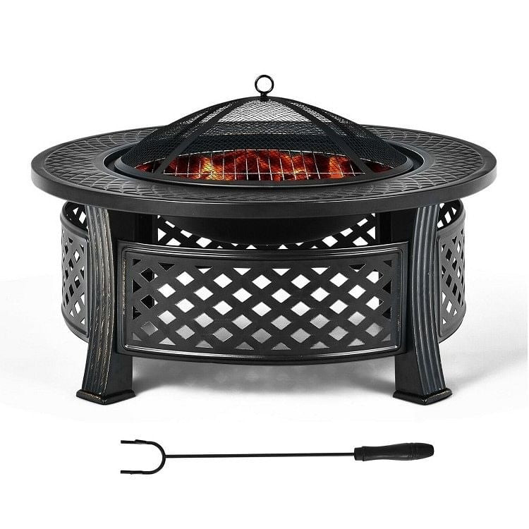 Rustic Steel Outdoor Fire Pit with BBQ Grill with Poker and Mesh Cover-2