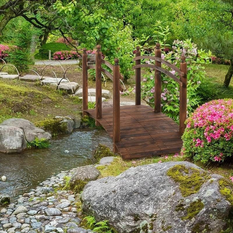 7.5 Ft Wooden Garden Bridge with Hand Rails in Carbonized Wood Finish-0