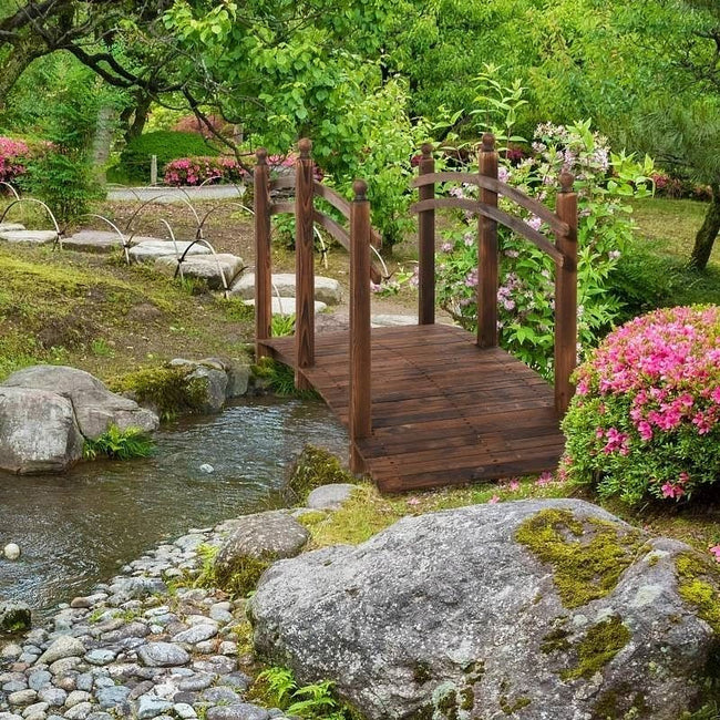 7.5 Ft Wooden Garden Bridge with Hand Rails in Carbonized Wood Finish-0