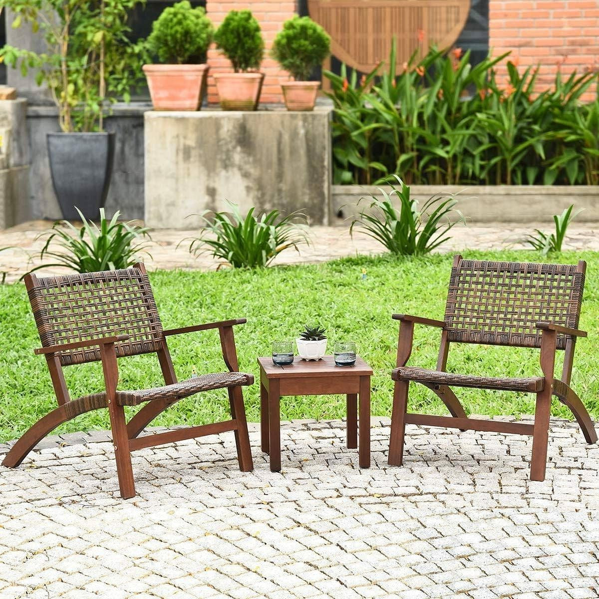 Solid Wood and Rattan 3-Piece Outdoor Patio Furniture Table Chairs Set-0
