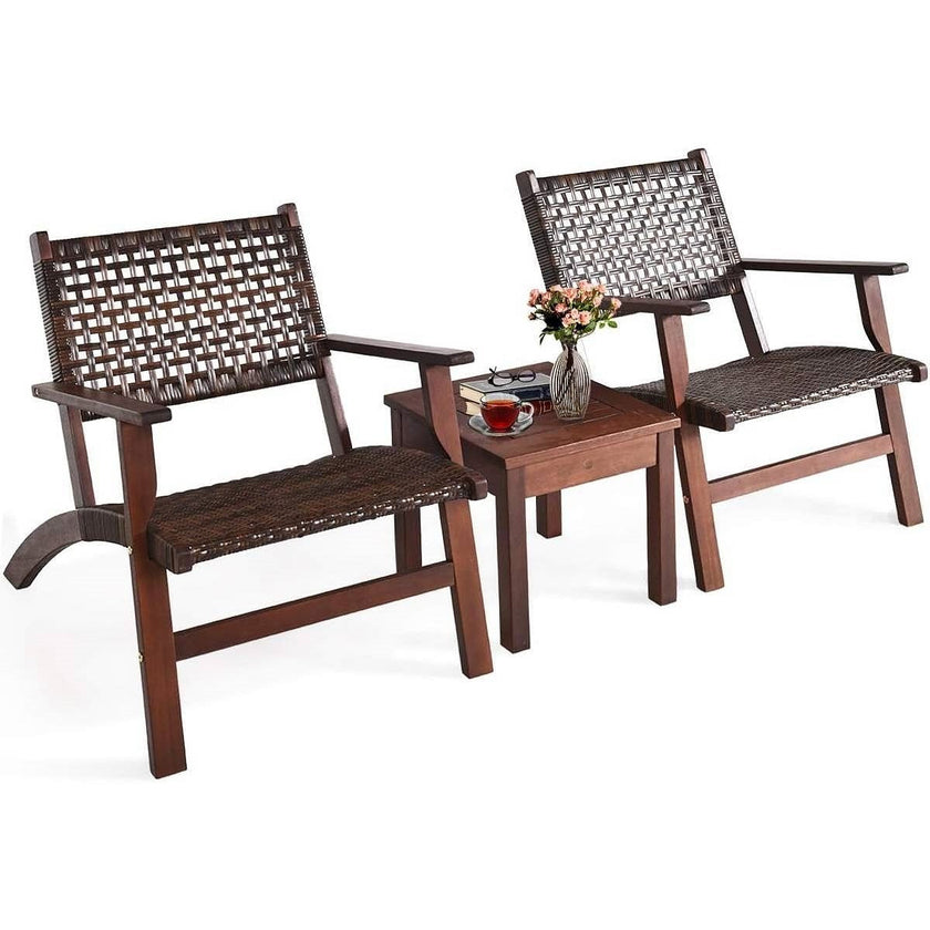 Solid Wood and Rattan 3-Piece Outdoor Patio Furniture Table Chairs Set-2