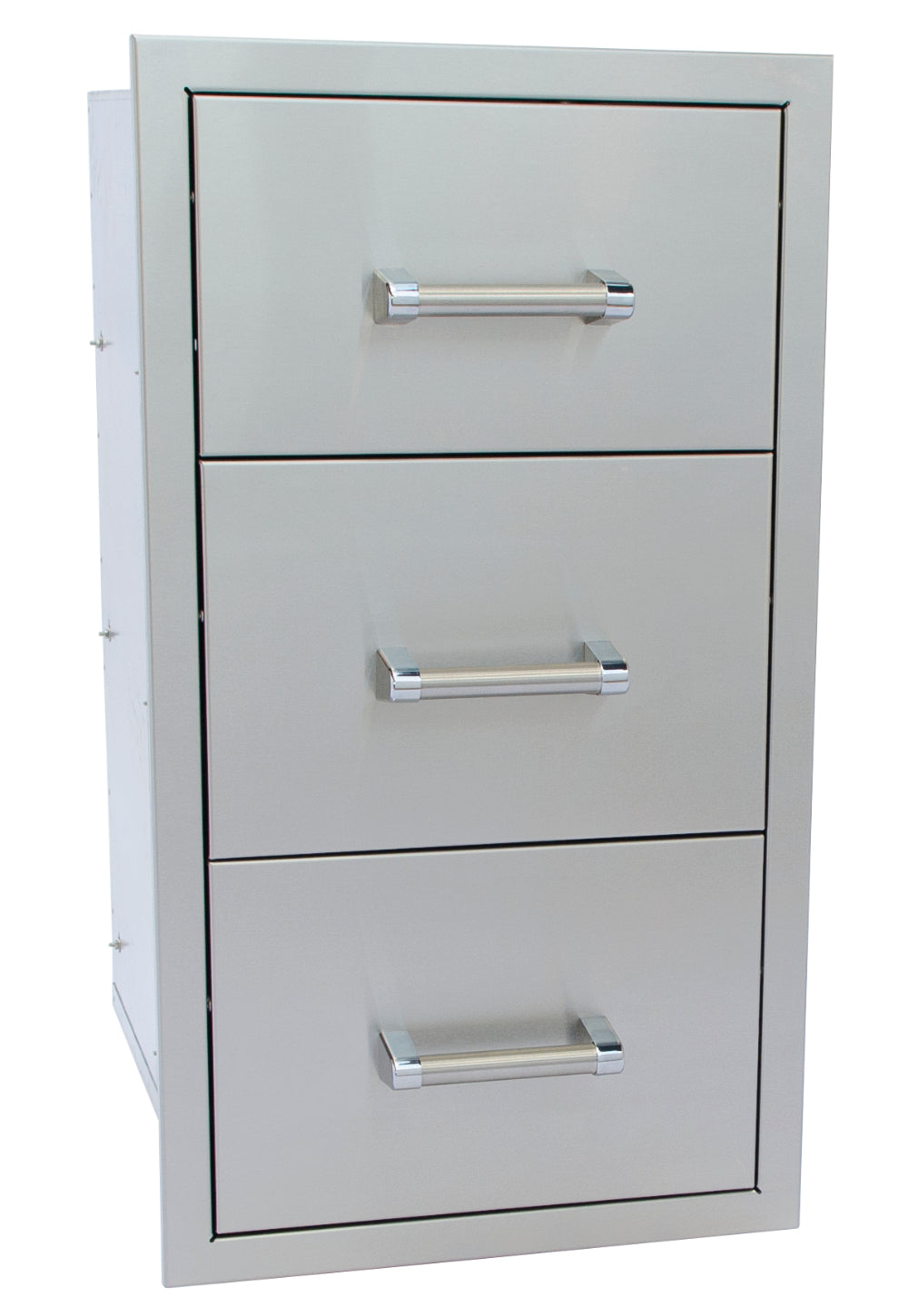 Gray metal file cabinet with three drawers and chrome handles on a white background