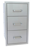 Gray metal file cabinet with three drawers and chrome handles on a white background