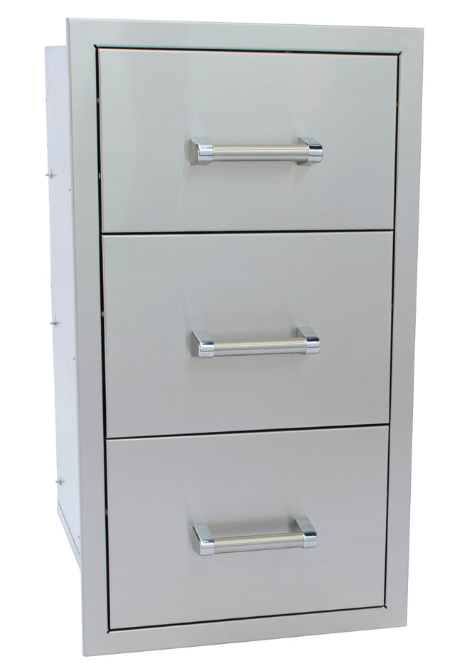 Gray metal file cabinet with three drawers and chrome handles on a white background
