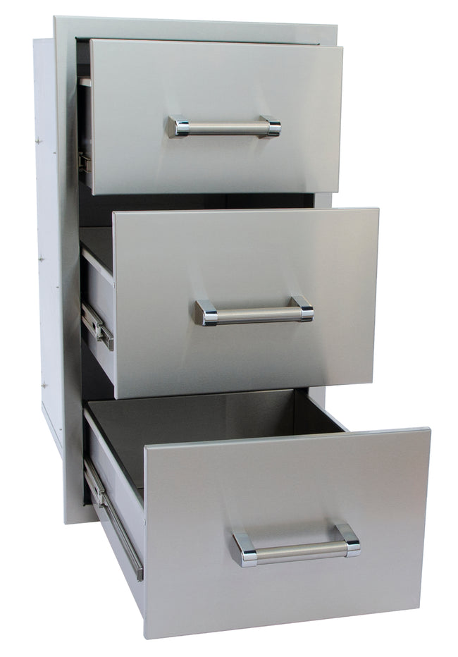 Stainless steel outdoor kitchen drawer unit with three drawers on a white background