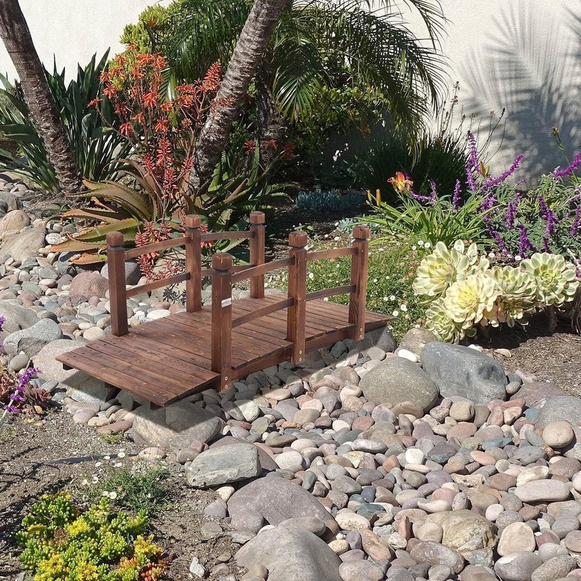 Outdoor 5-foot Solid Fir Wood Garden Bridge in Rustic Brown Finish-1
