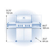 Measurement chart of a barbecue grill with dimensions labeled.