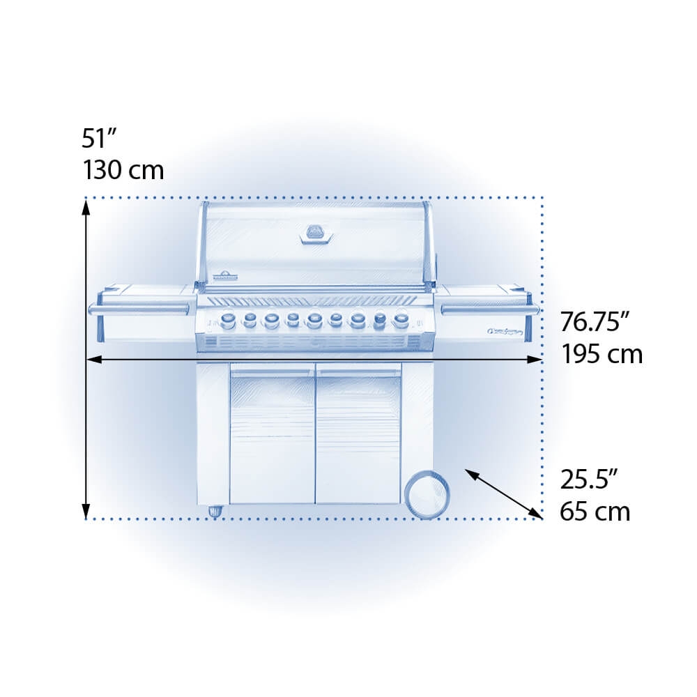 Measurement chart of a barbecue grill with dimensions labeled.