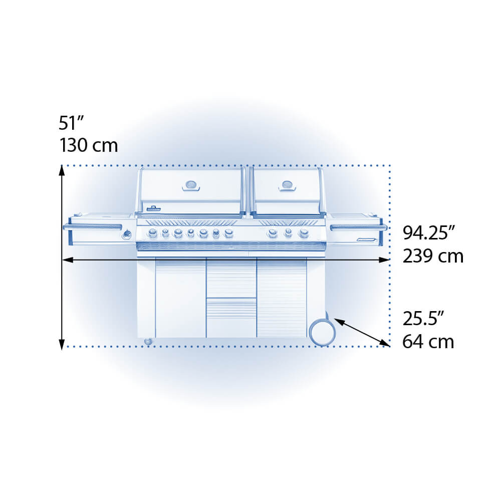 Measurement chart of a barbecue grill with dimensions labeled.