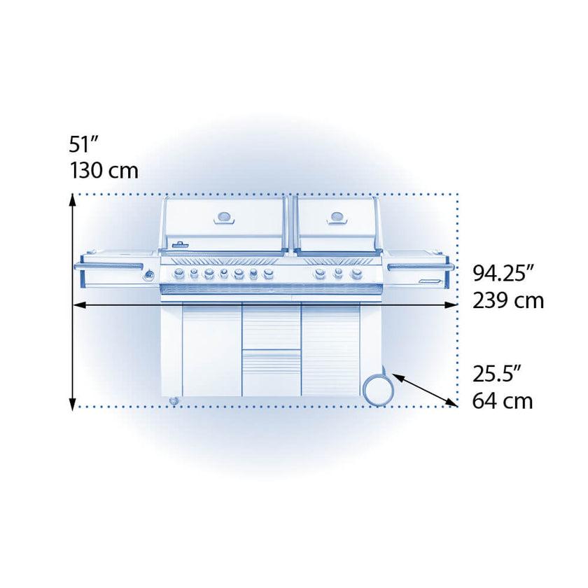 Measurement chart of a barbecue grill with dimensions labeled.
