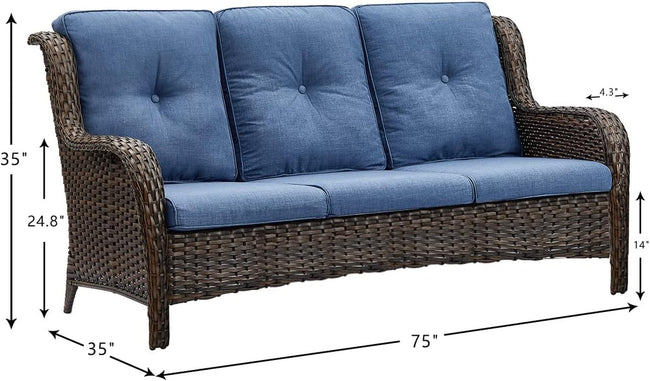 Wicker outdoor sofa with blue cushions and dimensions displayed