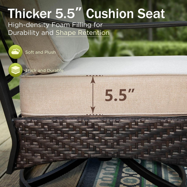 Cushion with 5.5-inch thick foam filling on a chair outdoors.