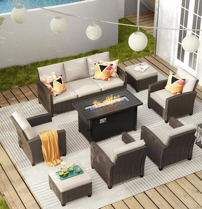 Outdoor patio set with fire pit table on a wooden deck
