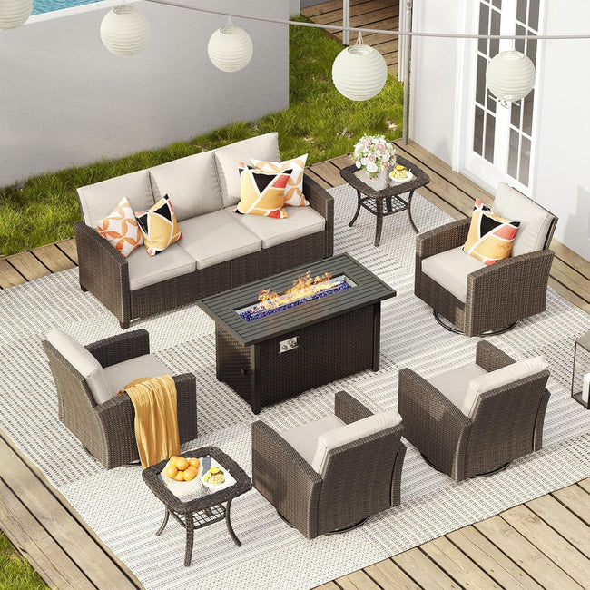 Outdoor patio set with fire pit table on a wooden deck