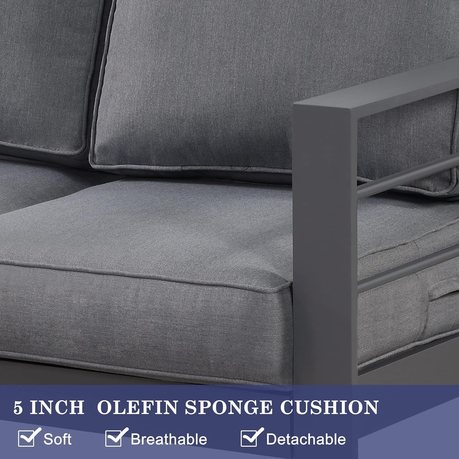 Gray cushioned outdoor furniture with text about 5-inch olefin sponge cushion features.