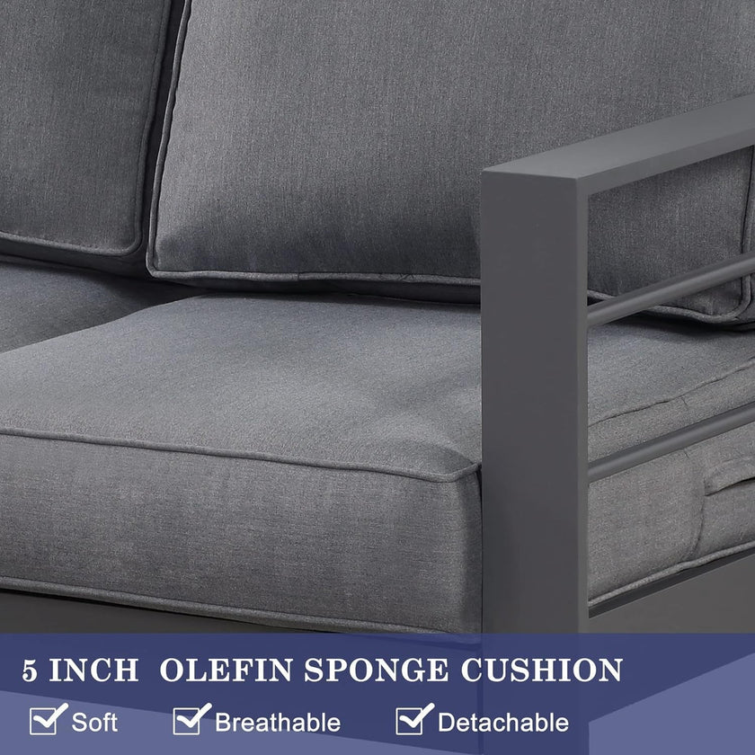 Gray cushioned outdoor furniture with text about 5-inch olefin sponge cushion features.