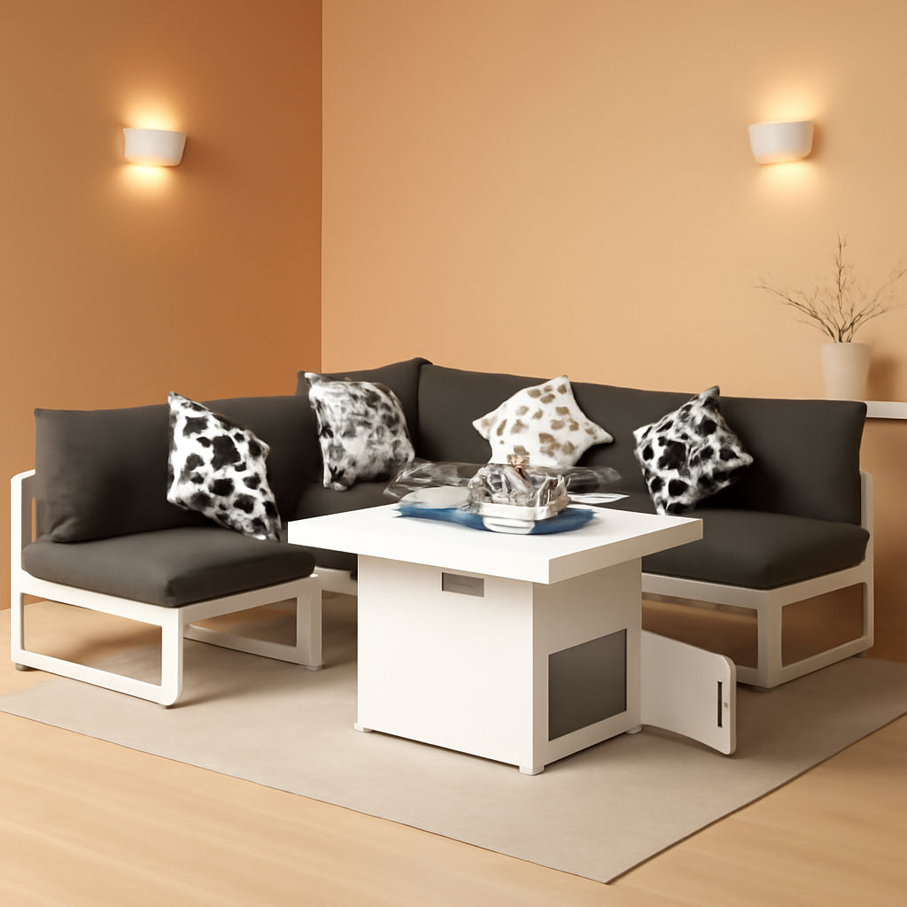 Modern living room with a sectional sofa, coffee table, and decorative pillows.