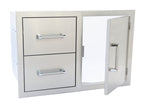 Stainless steel outdoor kitchen cabinet with two drawers and a door on a white background