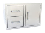 Stainless steel outdoor kitchen cabinet with two drawers and a door on a white background