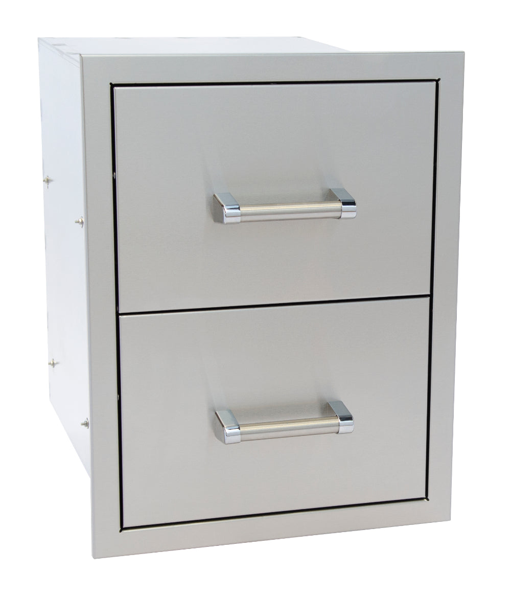 Stainless steel outdoor kitchen drawer unit with two drawers and handles on a white background
