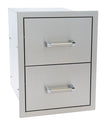 Stainless steel outdoor kitchen drawer unit with two drawers and handles on a white background