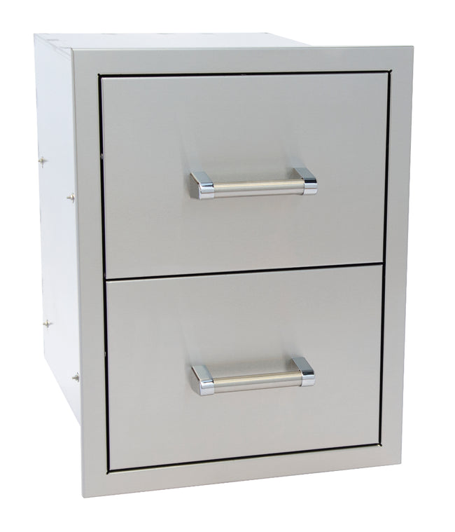 Stainless steel outdoor kitchen drawer unit with two drawers and handles on a white background