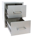 Stainless steel outdoor kitchen drawer with two drawers open on a white background