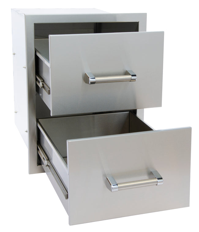 Stainless steel outdoor kitchen drawer with two drawers open on a white background