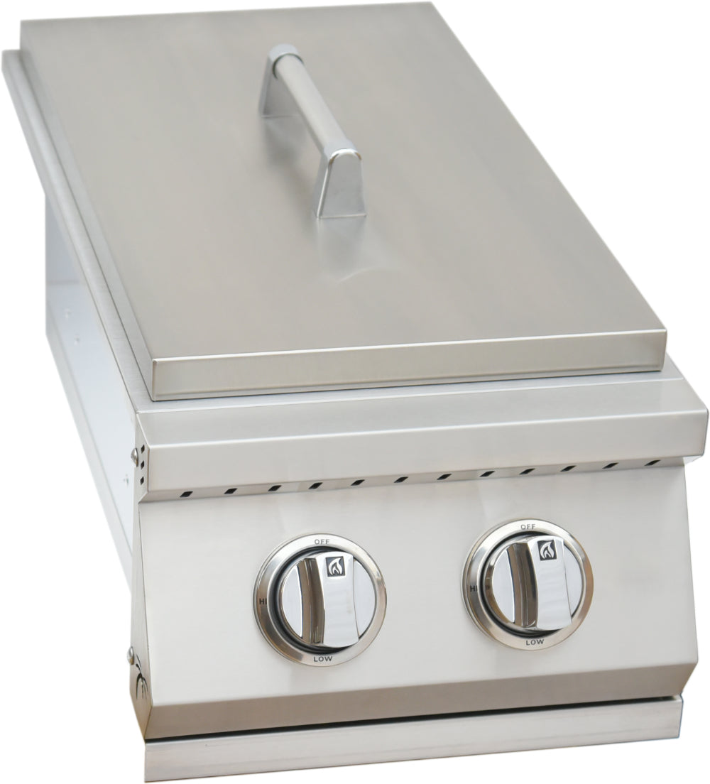 Stainless steel grill with two control knobs on a white background