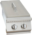 Stainless steel grill with two control knobs on a white background